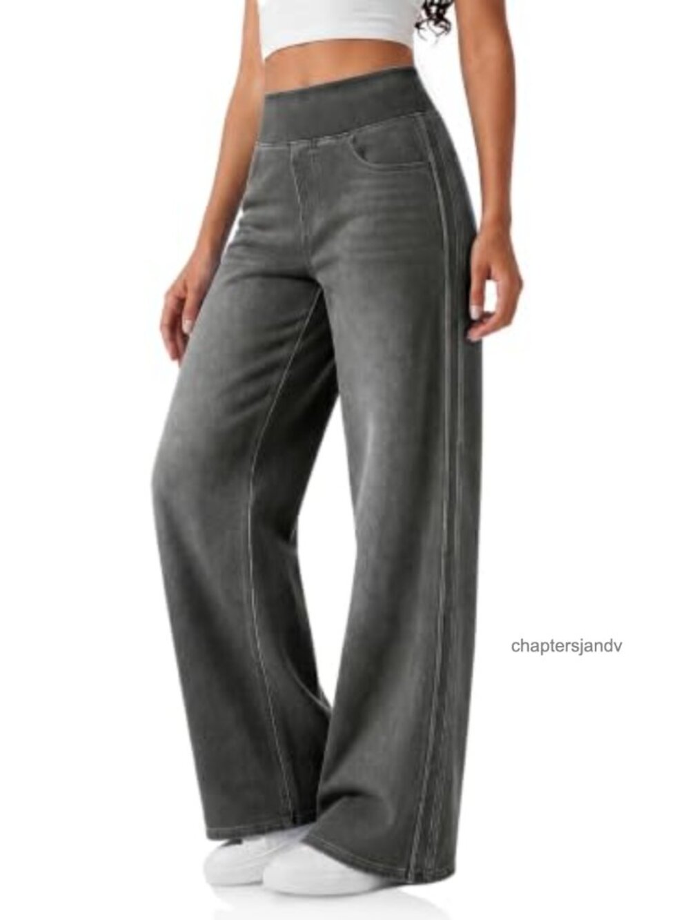 Pull On Wide Leg Stretch Knit Denim Jeans High Rise Striped Pants